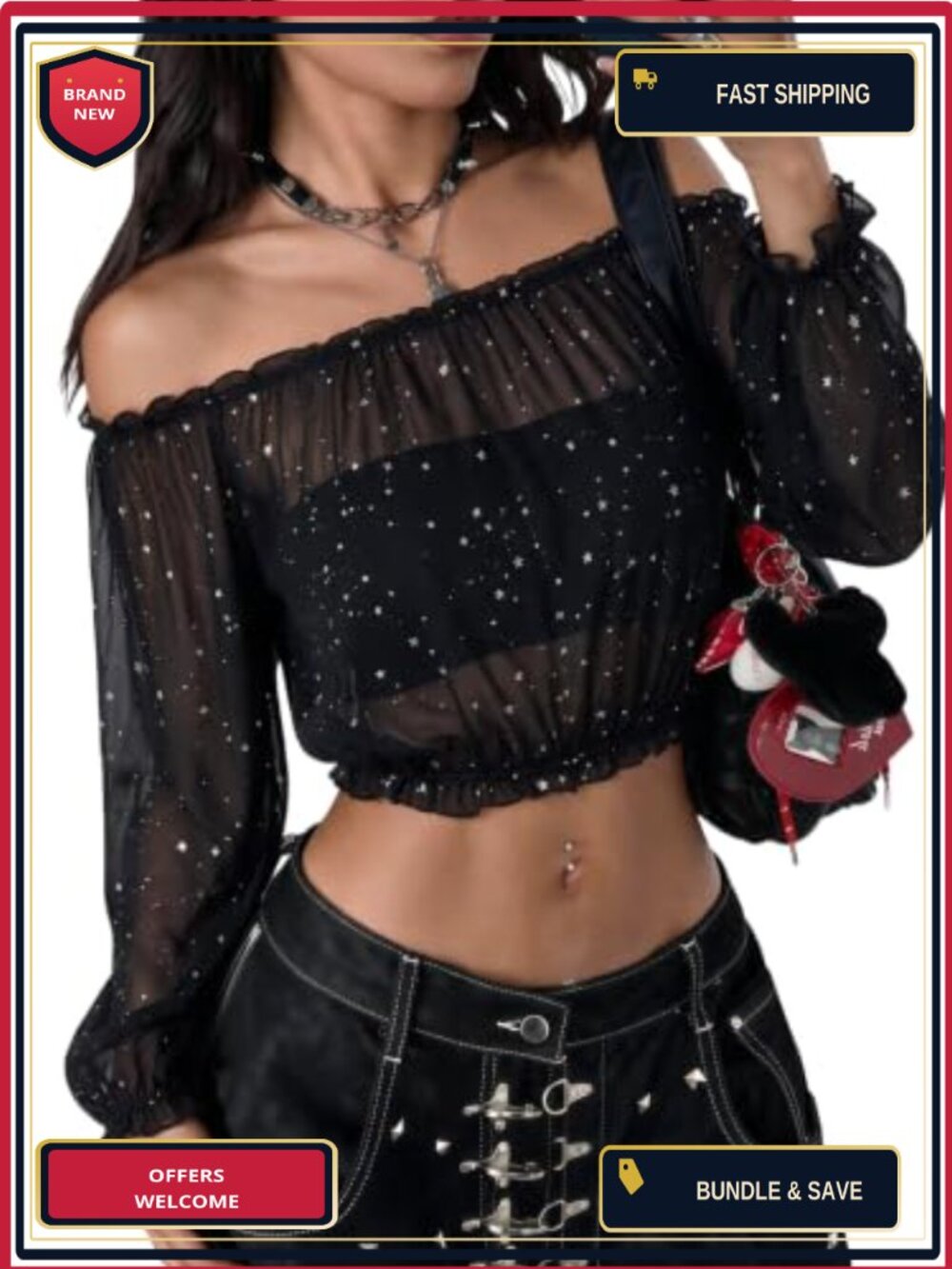 Off Shoulder Mesh Crop Top Long Sleeve Sheer Blouse Night Out